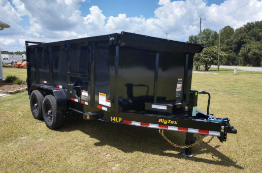 14ft BigTex 14LP dump trailer — black heavy-duty dump trailer with dual axles